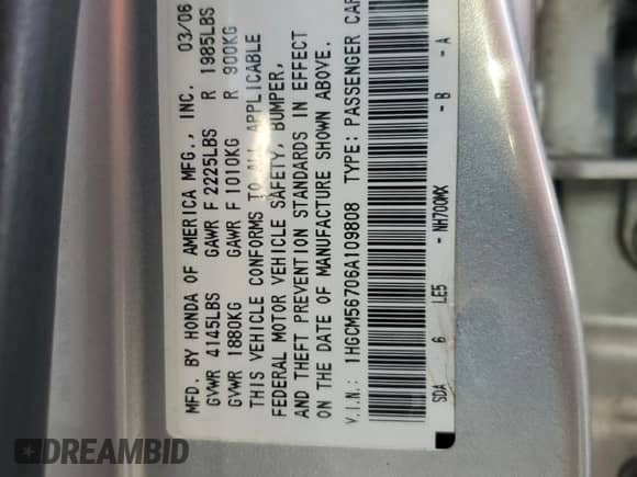 2006 Honda Accord EX z VIN 1HGCM56706A109808, wystawiony jako Copart lot #89492465 z przebiegiem 195 859 mil mil oraz Szkoda całkowita • Salvage title. Historia ofert i sprzedaży dostępna na DreamBid. Obrazek 12.