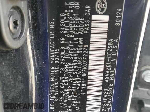 2019 Toyota Camry LE с VIN 4T1B11HK7KU772276, выставлен на аукционе Copart как лот 85113915 с пробегом 85 306 миль миль и Списание • Salvage title. История ставок и продаж доступна на DreamBid. Изображение 13.