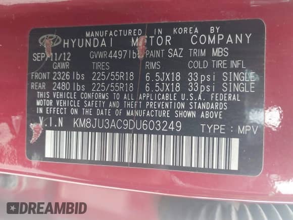 2013 Hyundai Tucson GLS с VIN KM8JU3AC9DU603249, выставлен на аукционе IAAI как лот 43269087 с пробегом 258 741 миль миль и . История ставок и продаж доступна на DreamBid. Изображение 9.