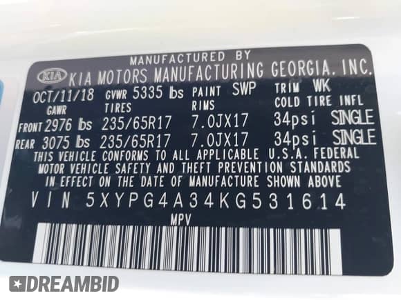 2019 Kia Sorento L with VIN 5XYPG4A34KG531614, listed as a IAAI auction lot 43241707 with 31,971 mi miles and . Bid and sale history available at DreamBid. Image 9.