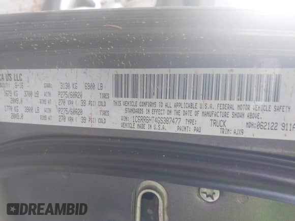 2016 Ram 1500 Sport with VIN 1C6RR6HT4GS387477, listed as a IAAI auction lot 43202932 with 234,957 mi miles and . Bid and sale history available at DreamBid. Image 9.