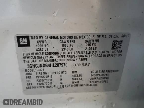 2017 Chevrolet Trax LS with VIN 3GNCJNSB4HL287970, listed as a Copart auction lot 82237185 with 80,338 mi miles and Clean title. Bid and sale history available at DreamBid. Image 13.