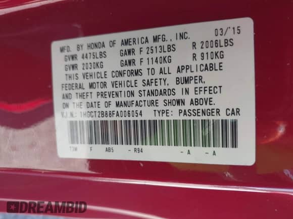 2015 Honda Accord EX-L z VIN 1HGCT2B88FA006054, wystawiony jako IAAI lot #42831090 z przebiegiem 69 729 mil mil oraz . Historia ofert i sprzedaży dostępna na DreamBid. Obrazek 9.