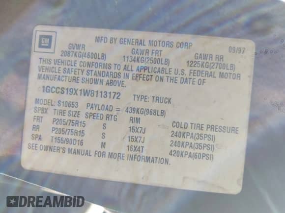 1998 Chevrolet S-10 LS z VIN 1GCCS19X1W8113172, wystawiony jako IAAI lot #43159940 z przebiegiem 231 736 mil mil oraz . Historia ofert i sprzedaży dostępna na DreamBid. Obrazek 9.