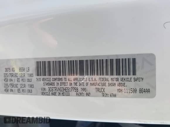 2017 Ram ProMaster Cargo с VIN 3C6TRVNG3HE517759, выставлен на аукционе IAAI как лот 42828215 с пробегом 79 129 миль миль и . История ставок и продаж доступна на DreamBid. Изображение 9.