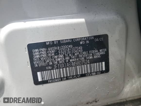 2021 Subaru WRX with VIN JF1VA1A69M9807524, listed as a Copart auction lot 63729925 with Not provided miles and Non repairable. Bid and sale history available at DreamBid. Image 13.