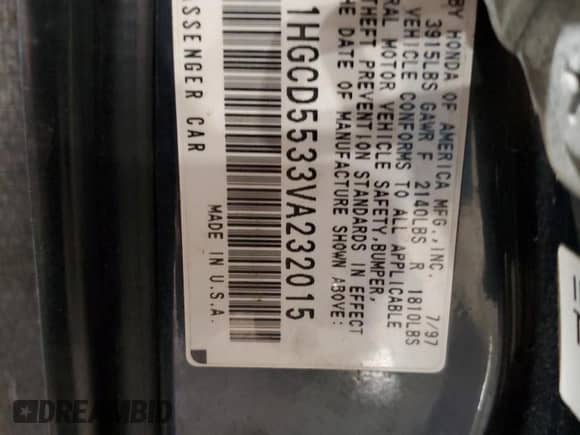 1997 Honda Accord LX с VIN 1HGCD5533VA232015, выставлен на аукционе Copart как лот 87418724 с пробегом 275 918 миль миль и Списание • Salvage title. История ставок и продаж доступна на DreamBid. Изображение 12.