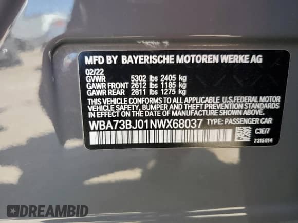 2022 BMW 5 Series 540i xDrive z VIN WBA73BJ01NWX68037, wystawiony jako Copart lot #71298785 z przebiegiem Nie podano mil oraz Szkoda całkowita • Salvage title. Historia ofert i sprzedaży dostępna na DreamBid. Obrazek 13.