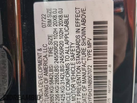 2022 Honda Pilot Sport с VIN 5FNYF6H31NB067072, выставлен на аукционе Copart как лот 64630005 с пробегом 34 856 миль миль и Списание • Salvage title. История ставок и продаж доступна на DreamBid. Изображение 13.