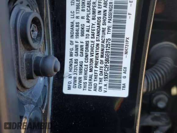 2016 Honda Civic LX with VIN 19XFC2F58GE012575, listed as a Copart auction lot 85946115 with 83,049 mi miles and Clean title. Bid and sale history available at DreamBid. Image 12.