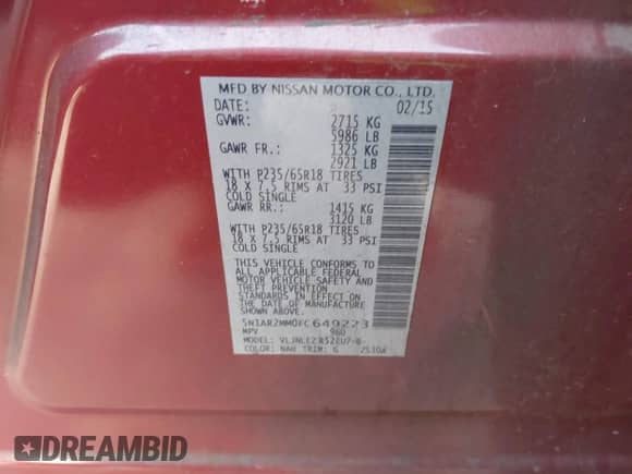 2015 Nissan Pathfinder SL with VIN 5N1AR2MM0FC649223, listed as a IAAI auction lot 42745011 with 202,340 mi miles and . Bid and sale history available at DreamBid. Image 9.