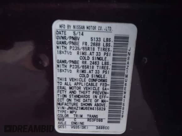 2014 Nissan Murano SV z VIN JN8AZ1MU6EW415829, wystawiony jako IAAI lot #41484006 z przebiegiem 117 974 mil mil oraz . Historia ofert i sprzedaży dostępna na DreamBid. Obrazek 9.