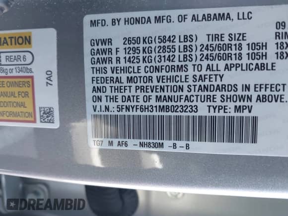 2021 Honda Pilot EX z VIN 5FNYF6H31MB023233, wystawiony jako IAAI lot #41876503 z przebiegiem Nie podano mil oraz . Historia ofert i sprzedaży dostępna na DreamBid. Obrazek 9.