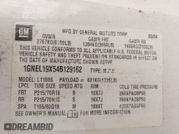 2004 Chevrolet Astro с VIN 1GNEL19X54B129162, выставлен на аукционе IAAI как лот 42612002 с пробегом 120 966 миль миль и . История ставок и продаж доступна на DreamBid. Изображение 9.