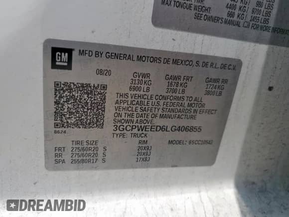 2020 Chevrolet Silverado 1500 LTZ with VIN 3GCPWEED6LG406855, listed as a Copart auction lot 57976175 with 88,156 mi miles and Salvage title. Bid and sale history available at DreamBid. Image 13.