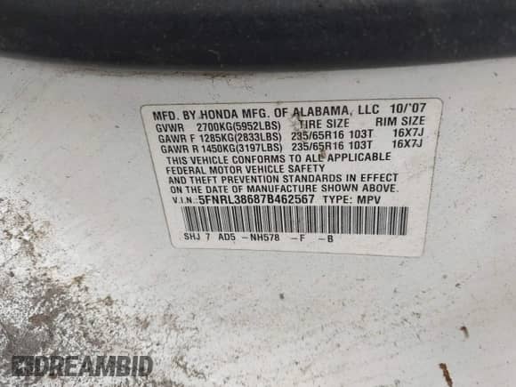 2007 Honda Odyssey EX-L с VIN 5FNRL38687B462567, выставлен на аукционе IAAI как лот 42895295 с пробегом Не указан миль и . История ставок и продаж доступна на DreamBid. Изображение 9.