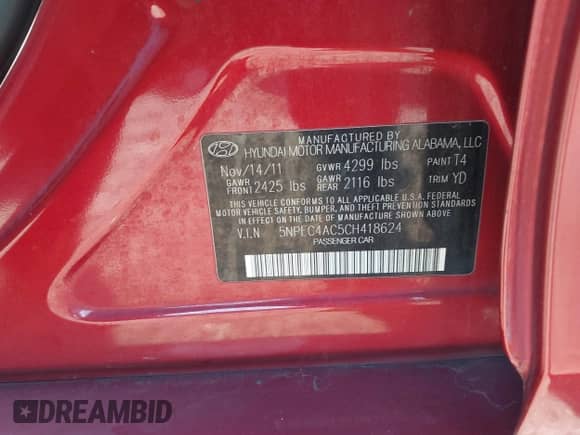 2012 Hyundai Sonata SE with VIN 5NPEC4AC5CH418624, listed as a IAAI auction lot 43460628 with 138,555 mi miles and . Bid and sale history available at DreamBid. Image 9.