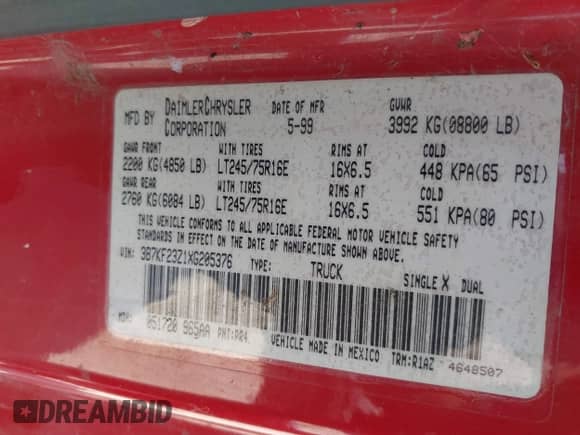 1999 Dodge 2500 с VIN 3B7KF23Z1XG205376, выставлен на аукционе IAAI как лот 42639327 с пробегом 147 655 миль миль и . История ставок и продаж доступна на DreamBid. Изображение 9.