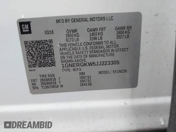 2018 Chevrolet Traverse LT Cloth с VIN 1GNERGKW5JJ223305, выставлен на аукционе IAAI как лот 42705190 с пробегом 135 140 миль миль и . История ставок и продаж доступна на DreamBid. Изображение 9.