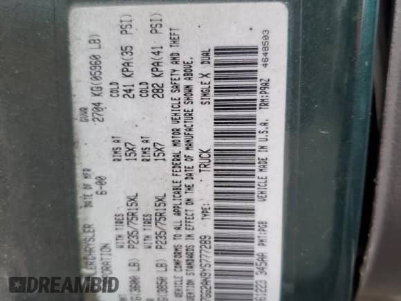 2000 Dodge Dakota Sport with VIN 1B7GG2AN9YS777289, listed as a Copart auction lot 55776625 with 192,139 mi miles and Salvage title. Bid and sale history available at DreamBid. Image 12.