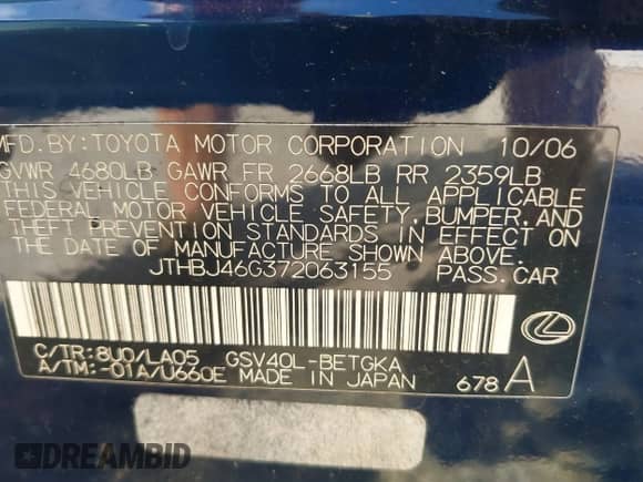 2007 Lexus ES 330 с VIN JTHBJ46G372063155, выставлен на аукционе IAAI как лот 43330303 с пробегом Не указан миль и . История ставок и продаж доступна на DreamBid. Изображение 9.