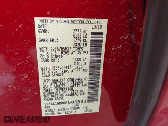 2011 Nissan Pathfinder SV with VIN 5N1AR1NBXBC605683, listed as a IAAI auction lot 42014297 with 187,906 mi miles and . Bid and sale history available at DreamBid. Image 9.