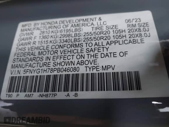 2023 Honda Pilot Touring с VIN 5FNYG1H78PB046080, выставлен на аукционе IAAI как лот 43307478 с пробегом 30 352 миль миль и . История ставок и продаж доступна на DreamBid. Изображение 9.