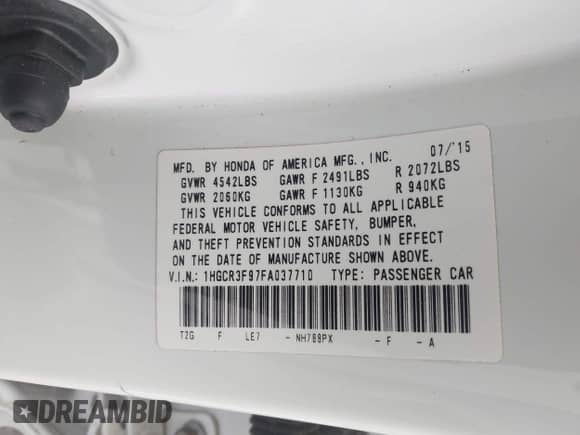 2015 Honda Accord Touring with VIN 1HGCR3F97FA037710, listed as a IAAI auction lot 42955298 with 104,101 mi miles and . Bid and sale history available at DreamBid. Image 9.