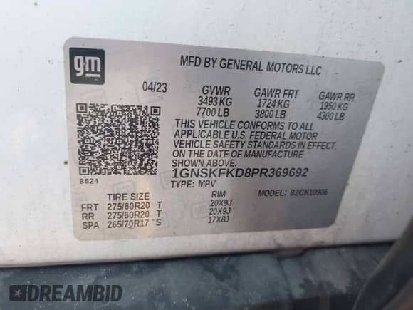 2023 Chevrolet Suburban Premier z VIN 1GNSKFKD8PR369692, wystawiony jako IAAI lot #43217279 z przebiegiem 78 841 mil mil oraz . Historia ofert i sprzedaży dostępna na DreamBid. Obrazek 9.