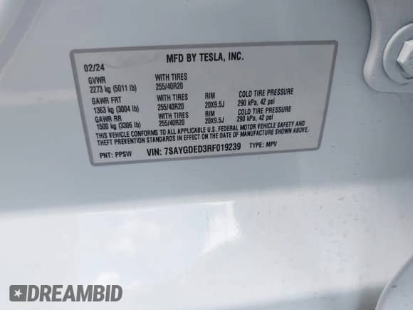 2024 Tesla Model Y с VIN 7SAYGDED3RF019239, выставлен на аукционе IAAI как лот 42978849 с пробегом 14 551 миль миль и . История ставок и продаж доступна на DreamBid. Изображение 9.
