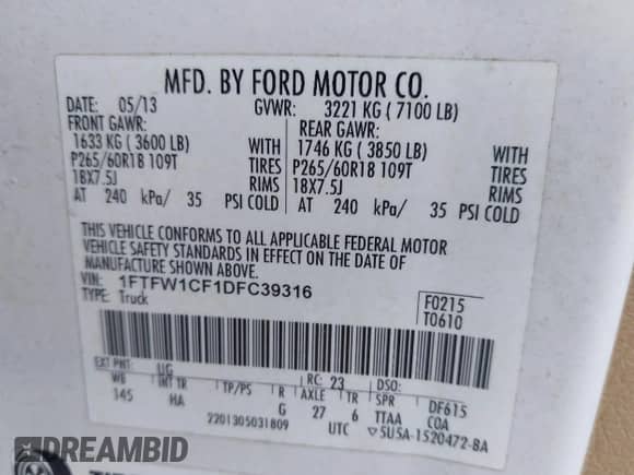 2013 Ford F-150 XL z VIN 1FTFW1CF1DFC39316, wystawiony jako IAAI lot #43378894 z przebiegiem 326 809 mil mil oraz . Historia ofert i sprzedaży dostępna na DreamBid. Obrazek 9.