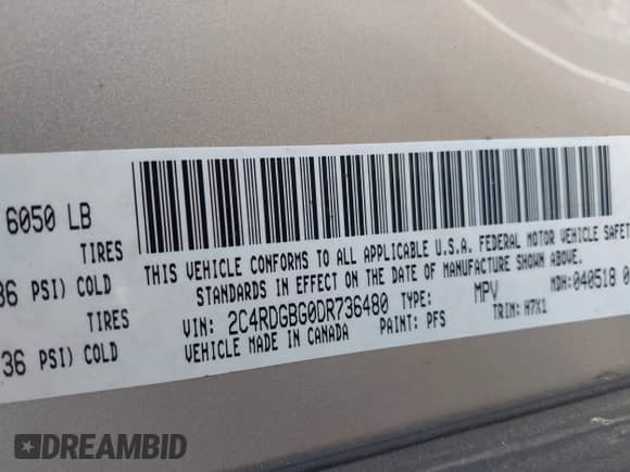 2013 Dodge Grand Caravan SE with VIN 2C4RDGBG0DR736480, listed as a IAAI auction lot 42885110 with 157,685 mi miles and . Bid and sale history available at DreamBid. Image 9.