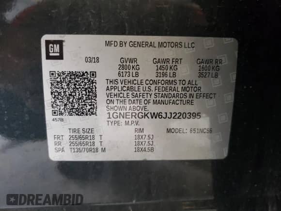 2018 Chevrolet Traverse LT Cloth z VIN 1GNERGKW6JJ220395, wystawiony jako Copart lot #80679675 z przebiegiem Nie podano mil oraz Szkoda całkowita • Salvage title. Historia ofert i sprzedaży dostępna na DreamBid. Obrazek 13.