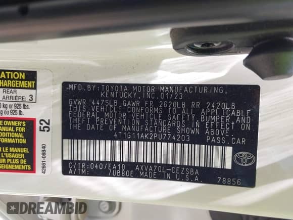 2023 Toyota Camry SE с VIN 4T1G11AK2PU774203, выставлен на аукционе IAAI как лот 42345387 с пробегом 21 735 миль миль и . История ставок и продаж доступна на DreamBid. Изображение 9.