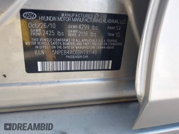 2011 Hyundai Sonata GLS с VIN 5NPEB4AC6BH191140, выставлен на аукционе IAAI как лот 43357201 с пробегом 93 300 миль миль и . История ставок и продаж доступна на DreamBid. Изображение 9.