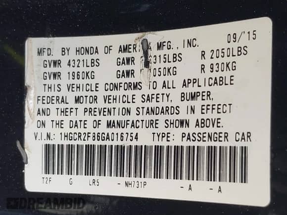 2016 Honda Accord EX-L with VIN 1HGCR2F86GA016754, listed as a IAAI auction lot 43008771 with 134,524 mi miles and . Bid and sale history available at DreamBid. Image 9.