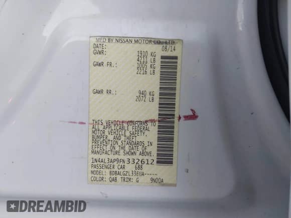 2015 Nissan Altima SL with VIN 1N4AL3AP9FN332612, listed as a IAAI auction lot 43283500 with 161,485 mi miles and . Bid and sale history available at DreamBid. Image 9.