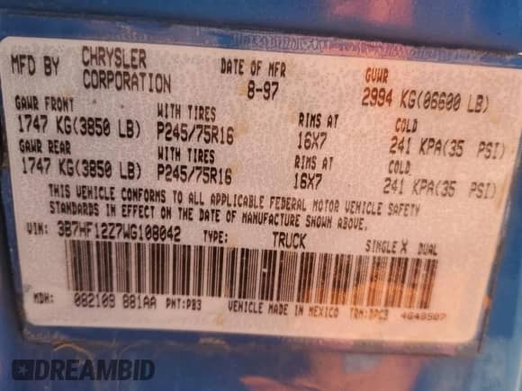 1998 Dodge 1500 z VIN 3B7HF12Z7WG108042, wystawiony jako Copart lot #74530764 z przebiegiem 249 992 mil mil oraz Czysty tytuł • Clean title. Historia ofert i sprzedaży dostępna na DreamBid. Obrazek 15.
