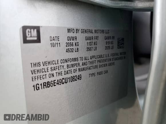2012 Chevrolet Volt with VIN 1G1RB6E49CU108249, listed as a Copart auction lot 64499795 with 149,846 mi miles and Salvage title. Bid and sale history available at DreamBid. Image 13.
