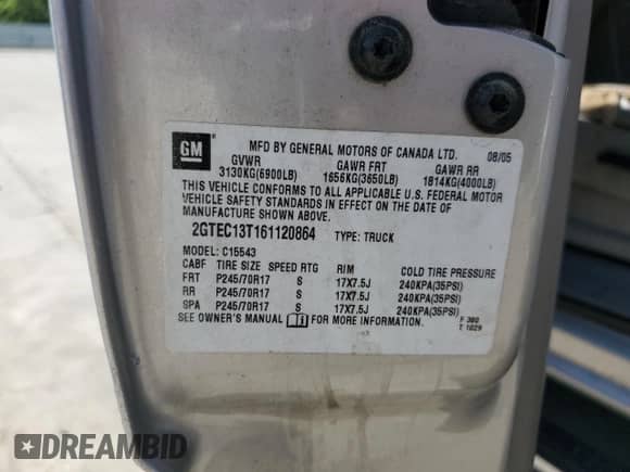 2006 GMC Sierra 1500 SLE2 with VIN 2GTEC13T161120864, listed as a Copart auction lot 54378605 with 179,636 mi miles and Salvage title. Bid and sale history available at DreamBid. Image 13.