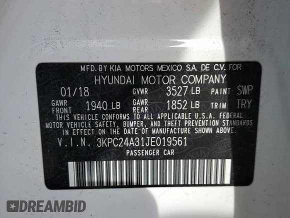 2018 Hyundai Accent SEL with VIN 3KPC24A31JE019561, listed as a Copart auction lot 84365955 with 103,201 mi miles and Salvage title. Bid and sale history available at DreamBid. Image 12.