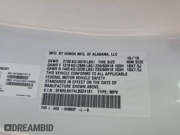 2020 Honda Odyssey EX-L с VIN 5FNRL6H74LB024181, выставлен на аукционе Copart как лот 82545495 с пробегом 50 153 миль миль и Списание • Salvage title. История ставок и продаж доступна на DreamBid. Изображение 14.