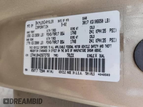 2002 Dodge 1500 with VIN 1D7HA18N42S672758, listed as a Copart auction lot 70667405 with 252,085 mi miles and Salvage title. Bid and sale history available at DreamBid. Image 13.