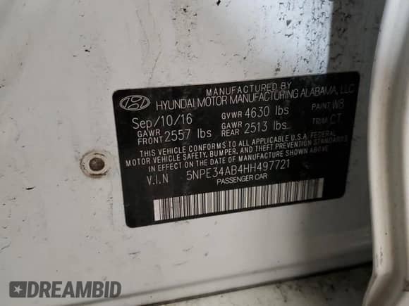 2017 Hyundai Sonata Limited with VIN 5NPE34AB4HH497721, listed as a Copart auction lot 62472185 with Not provided miles and Salvage title. Bid and sale history available at DreamBid. Image 12.