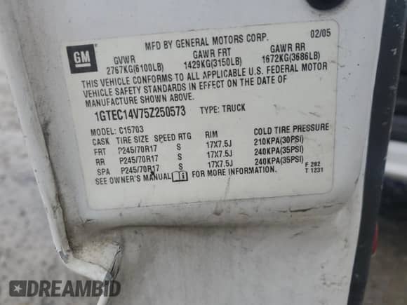 2005 GMC Sierra 1500 Work Truck with VIN 1GTEC14V75Z250573, listed as a Copart auction lot 43118455 with 152,471 mi miles and Salvage title. Bid and sale history available at DreamBid. Image 15.