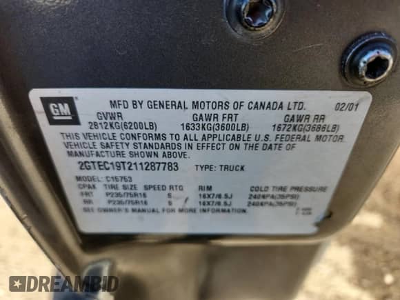 2001 GMC Sierra 1500 SLE z VIN 2GTEC19T211287783, wystawiony jako Copart lot #84647695 z przebiegiem 375 190 mil mil oraz Szkoda całkowita • Salvage title. Historia ofert i sprzedaży dostępna na DreamBid. Obrazek 12.