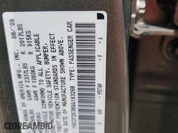 2009 Honda Accord LX z VIN 1HGCP26389A193268, wystawiony jako Copart lot #85361055 z przebiegiem 166 004 mil mil oraz Szkoda całkowita • Salvage title. Historia ofert i sprzedaży dostępna na DreamBid. Obrazek 13.