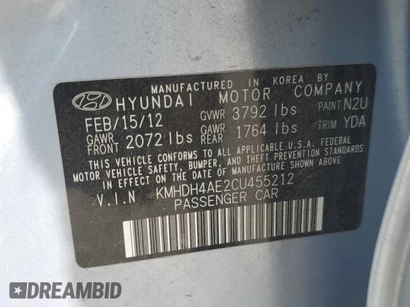 2012 Hyundai Elantra GLS z VIN KMHDH4AE2CU455212, wystawiony jako Copart lot #71107955 z przebiegiem 46 859 mil mil oraz Szkoda całkowita • Salvage title. Historia ofert i sprzedaży dostępna na DreamBid. Obrazek 12.