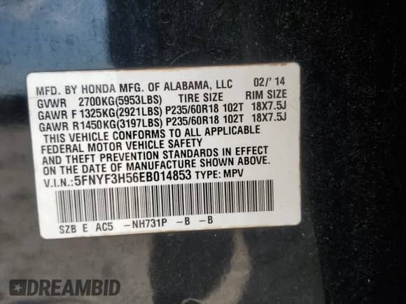 2014 Honda Pilot EX-L with VIN 5FNYF3H56EB014853, listed as a Copart auction lot 81416595 with 133,405 mi miles and Salvage title. Bid and sale history available at DreamBid. Image 13.