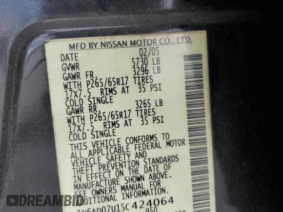 2005 Nissan Frontier SE with VIN 1N6AD07U15C424064, listed as a Copart auction lot 68090785 with 153,296 mi miles and Salvage title. Bid and sale history available at DreamBid. Image 13.